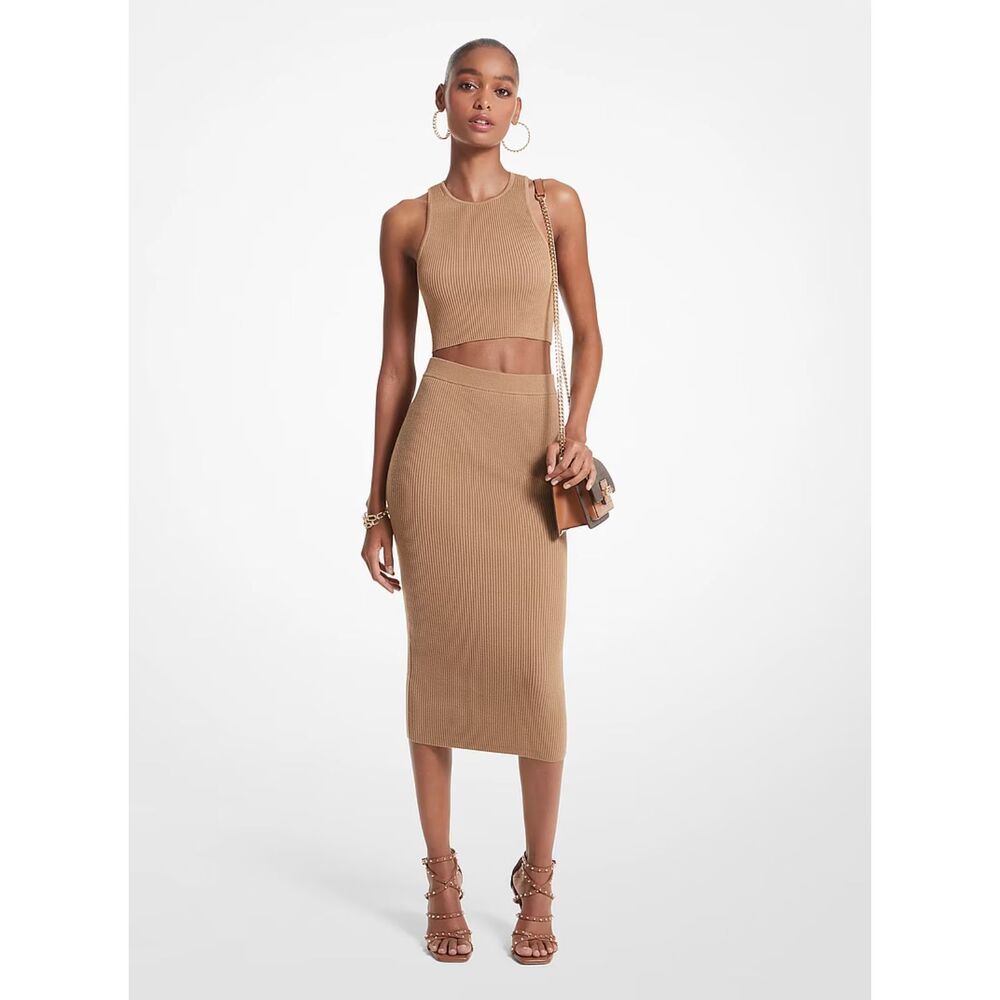 Saints21 L Tan Ribbed Knit 2 Piece Matching Set Crop Tank Top Maxi Skirt Boho
